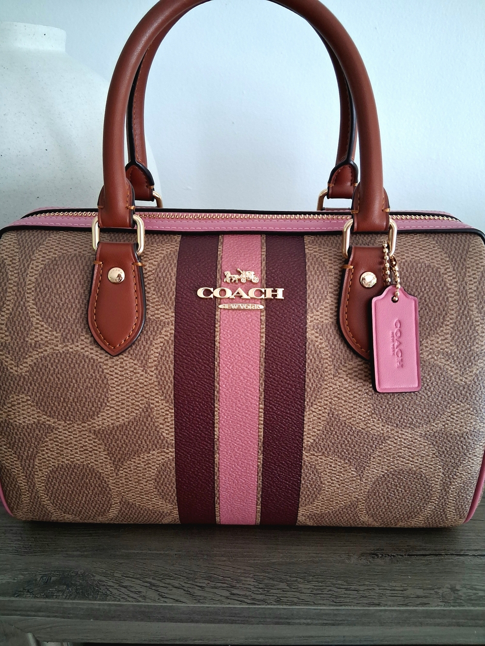 NWT Authentic Coach Rowan Brown Signature Satchel with Pink & Wine Stripe Accent - Picture 3 of 12